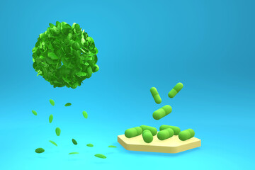 Green spherical leaf bush floats above the ground with medicinal herbs extracted from plants on a light brown hexagonal shape on light blue background.