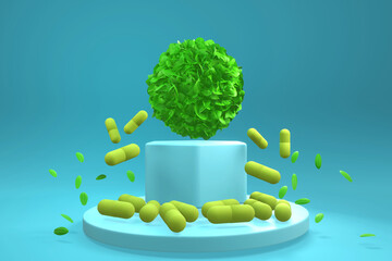 Green spherical leaf bush set on a light blue stand mockup on gradient blue background. 3D rendering