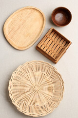 Rattan, Bamboo, and Wooden Dish. Concept of Go Green and Recycling