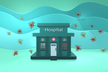 Dark green hospital building amid the coronavirus covid-19 on a light blue-green background. 3D rendering