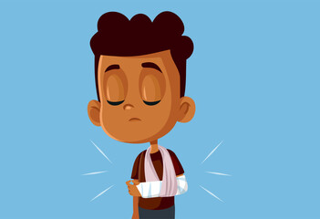 Sad Little Boy Having a Broken Arm Vector Illustration