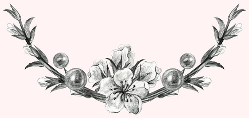 Isolated flower arrangement. Flowers on branches and pearls. The print is used for packaging design, fabric. Pencil drawing illustration.
