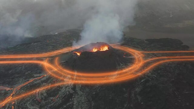 Lava flow tracker around a erupting volcano crater - 3d render animation