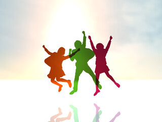 日本　ジャンプする3人の女男学生シルエット　カラフル　横