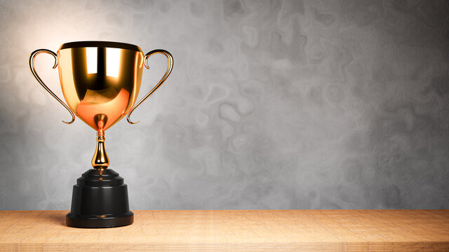 silver trophy on top of old wooden table in front of blackboard.3D rendering.