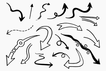 hand drawn arrow icon set isolated on white background. Doodle vector illustration.