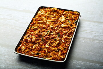 Homemade dry prawns , shrimps chutney with coconut and spices, Tamilnadu foods background. 