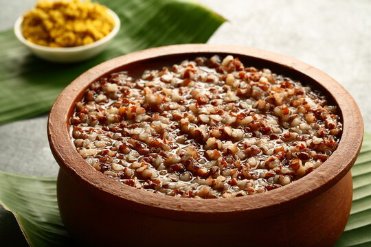 Homemade organic red rice kongee, porridge, with husk, bran, healthy vegan diet meal, 