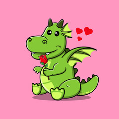 Fototapeta na wymiar Cute Dragon illustration vector holding Rose flower.