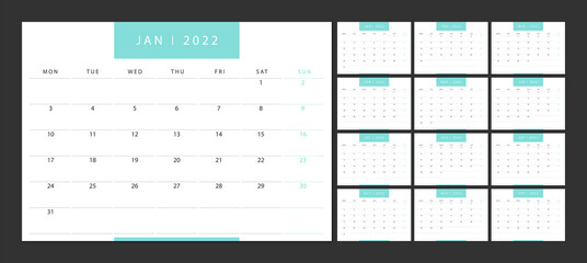 Calendar 2022 week start Monday corporate design planner template.