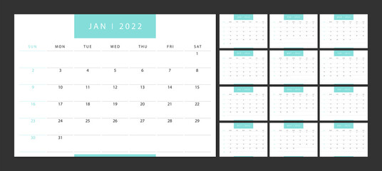 Calendar 2022 week start Sunday corporate design planner template.