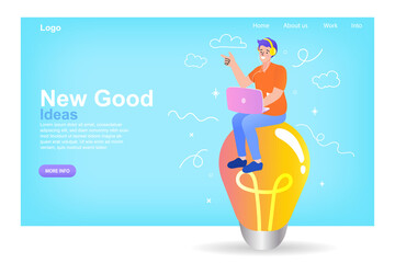 Fototapeta premium Man sitting on large light bulb. Idea, innovation, solution concept. Businessman pointing finger means having a good idea for a business start vector illustration.