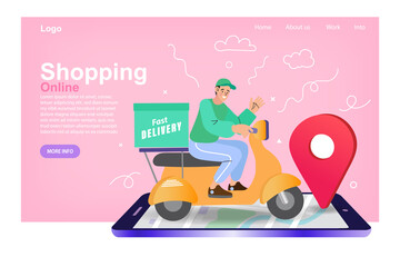 Ecommerce concept. Online shopping. Online delivery service concept. Fast delivery by scooter via mobile phone. Man riding scooter. Vector illustration.
