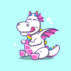 Cute Dragon Eating Ice Cream Cartoon Vector Icon Illustration.
