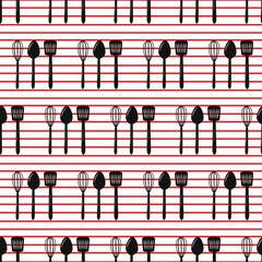 Pattern with kitchen tools - whisk, spatula, spoon. White background with red stripes. Vector illustration. For menus, cafes and restaurants, flyers, prints and packaging, crockery shops, fabrics