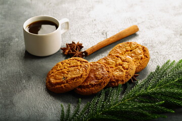 Oatmeal cookies served with black coffee- healthy food concepts. 
