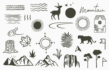 Black line natural with mountain,river,tree,sun,deer,tiger