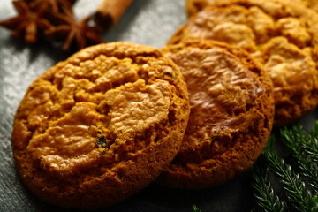 Homemade delicious butter cookies on a rustic kitchen table background.