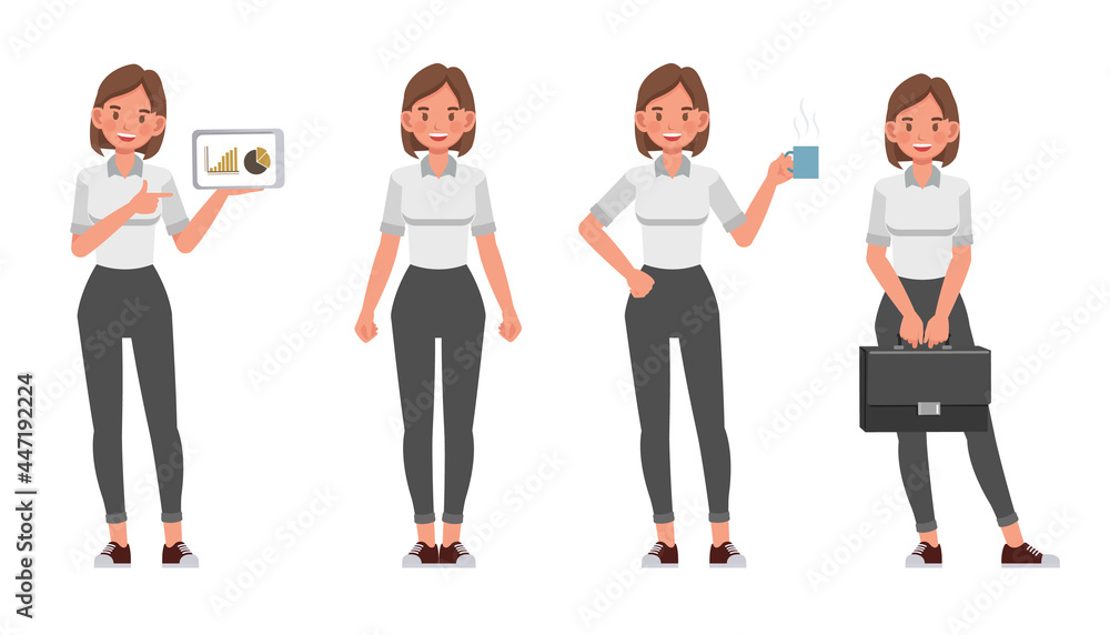 Wall mural businesswoman working in office character vector design. presentation in various action.