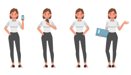 Businesswoman working in office character vector design. Presentation in various action.