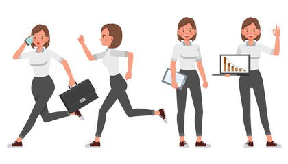 Businesswoman working in office character vector design. Presentation in various action.