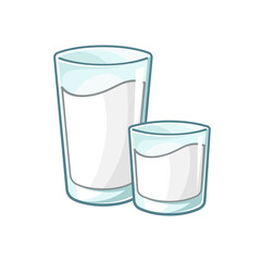 Tall glass of milk and small glass of milk vector illustration. Vanilla flavor dairy drink cute simple flat clipart element.