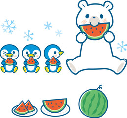 スイカを食べるシロクマとペンギンのイラスト＿ライン有りネイビー