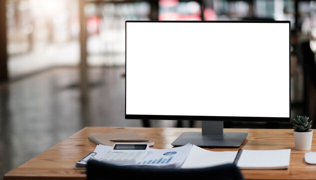Laptop with blank screen on table. Workspace background new project on laptop computer with blank copy space screen for your advertising text message