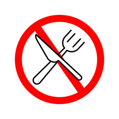 vector illustration of single spoon and fork icon with red line prohibition.