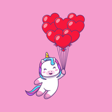 Cute kawai flying unicorn holding heart balloonflying unicorn holding heart balloon cartoon illustrtion.