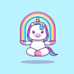 Cute kawaii unicorn doing yoga meditation with rainbow cartoon illustration.