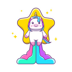 Cute kawaii flying unicorn with star and rainbow rocket