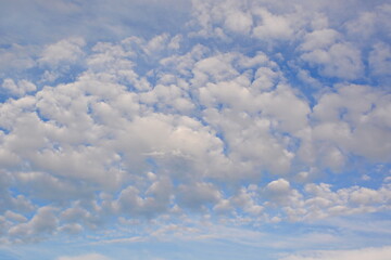 Small white cumulus clouds above the horizon in the blue sky. Background, Texture, Wallpaper