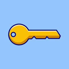 Simple, flat, yellow color of a house key. Isolated on blue