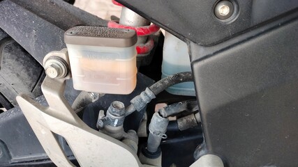 eMotorcycle brake fluid reservoir. Clear white plastic gearbox and black rubber hoses of the motorcycle brake system.