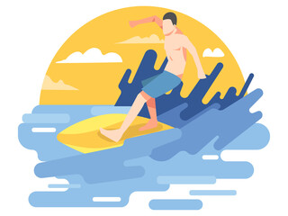 illustration of a man surfing in the ocean. isolated on the background of the evening, sunset, clouds, waves. suitable for the theme of sports, surfing, beach activities. flat vector illustration.