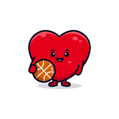 design of cute heart character holding basket ball flat mascot illustration