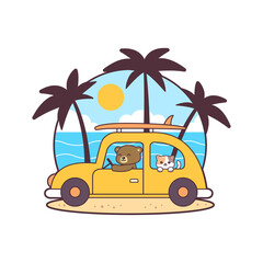 A cute bear driving a car to the beach with a cat.