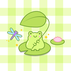 Cute frog hold a leaf with dragonfly cartoon illustration