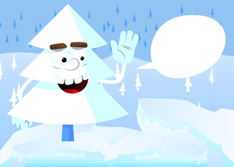 Cartoon winter pine trees with faces with waving hand. Cute forest trees. Snow on pine cartoon character, funny holiday vector illustration.