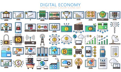 Digital Economy lineal multi-color icons set, contain such as computer, crypto currency, diagram, finance symbol, Used for modern concepts, web, UI or UX kit and applications. ready convert to SVG