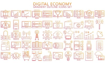 Digital Economy thin gradient outline icons set, contain such as computer, crypto currency, diagram, finance symbol, Used for modern concepts, web, UI, UX kit and applications. ready convert to SVG