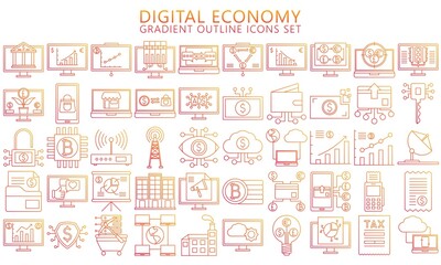 Digital Economy thin gradient outline icons set, contain such as computer, crypto currency, diagram, finance symbol, Used for modern concepts, web, UI, UX kit and applications. ready convert to SVG