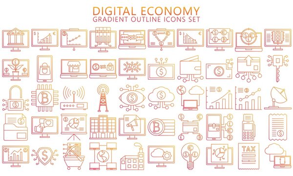 Digital Economy thin gradient outline icons set, contain such as computer, crypto currency, diagram, finance symbol, Used for modern concepts, web, UI, UX kit and applications. ready convert to SVG © arga muria