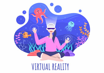 VR Glasses With Game Equipment Simulations Of Travels Through The Virtual Reality Sea World For Entertainment Or Education. Background Vector Illustration