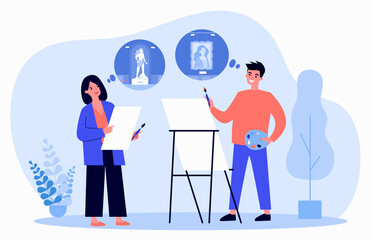 Artist behind easel thinking about portrait of woman in gallery. Painter and sculptor talking flat vector illustration. Art school, workshop concept for banner, website design or landing web page