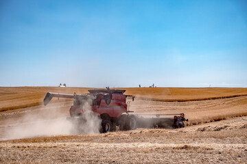 harvesting crops in palouse washington on a sunny day