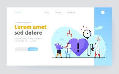 Tiny doctors treating heart disease. Medical checkup, high blood pressure, cardiology flat vector illustration. Medicine, diagnosis, examination concept for banner, website design or landing web page