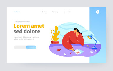 Young woman thinking of work. Female with clean sheet of paper on table, workplace flat vector illustration. Writer block, crisis, freelance concept for banner, website design or landing web page