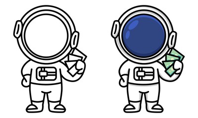 astronaut with banknotes of money coloring page for kids